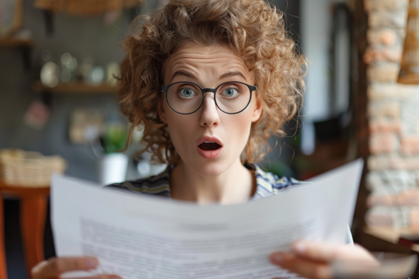 woman-reading-paper-with-surprised-look surprised woman reading SSDI repayment notice letter